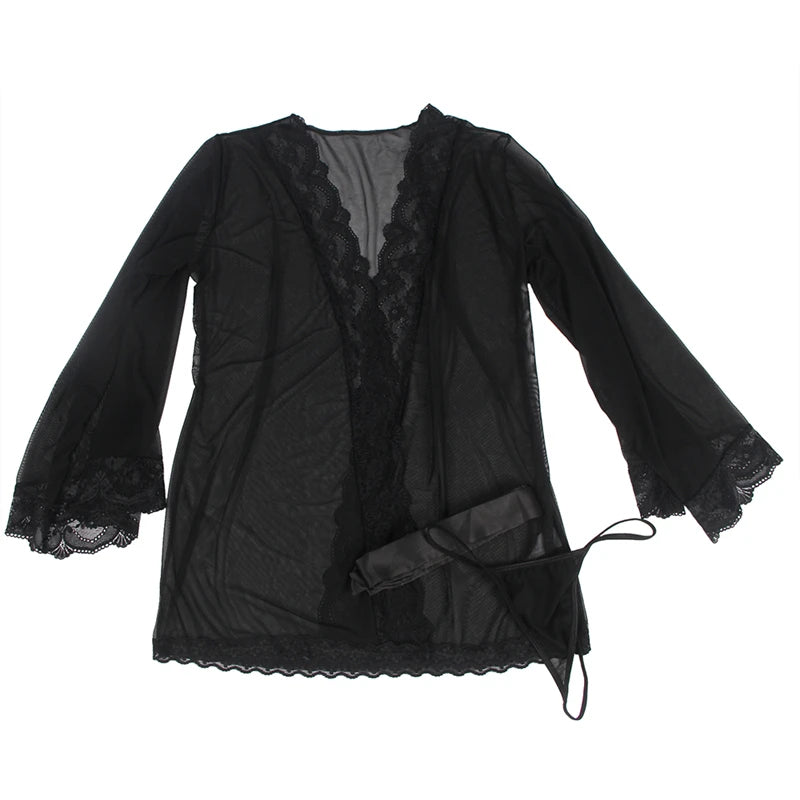 Lace Transparent Babydoll Kimono Lingerie Set