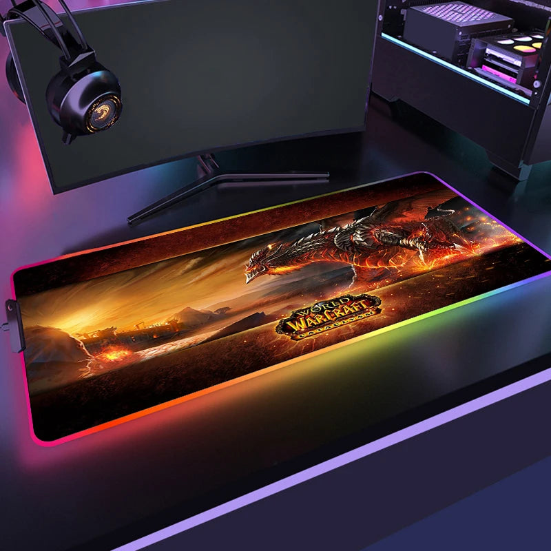 400x900 World Of Warcraft LED Backlight Gaming Mousepad HD Printing RGB Mouse Pad Non-Slip Rubber Deskmats Keyboard Desk Mat XXL