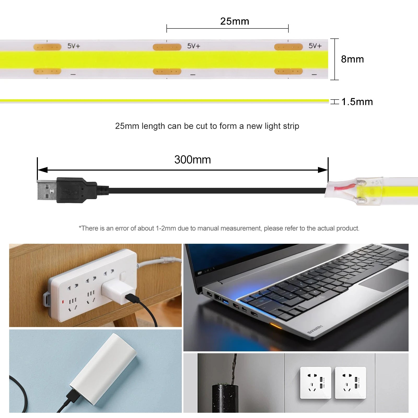 New 5V LED COB Light Strip Dimmable With Touch Sensor/ON OFF Switch USB Flexible LED Tape Christmas TV Backlight Adhesive Tape