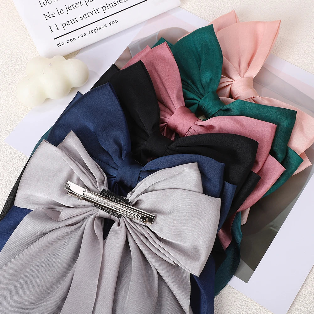 Elegant Long Satin Bow Hair Clip Large Chiffon Barrette