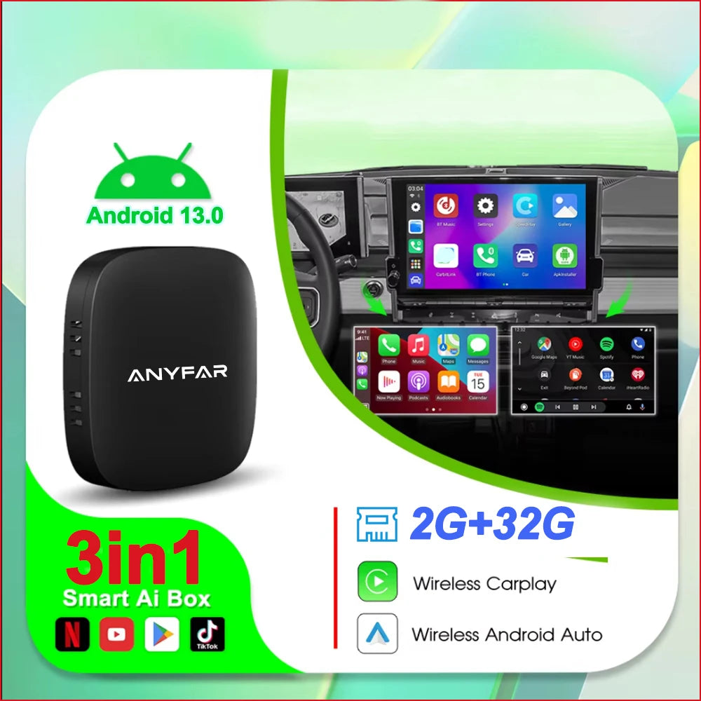 ANYFAR 2025 Android 13 Box Wired to Wireless Carplay Android Auto Adapter For YouTube car intelligent systems 5GWiFi
