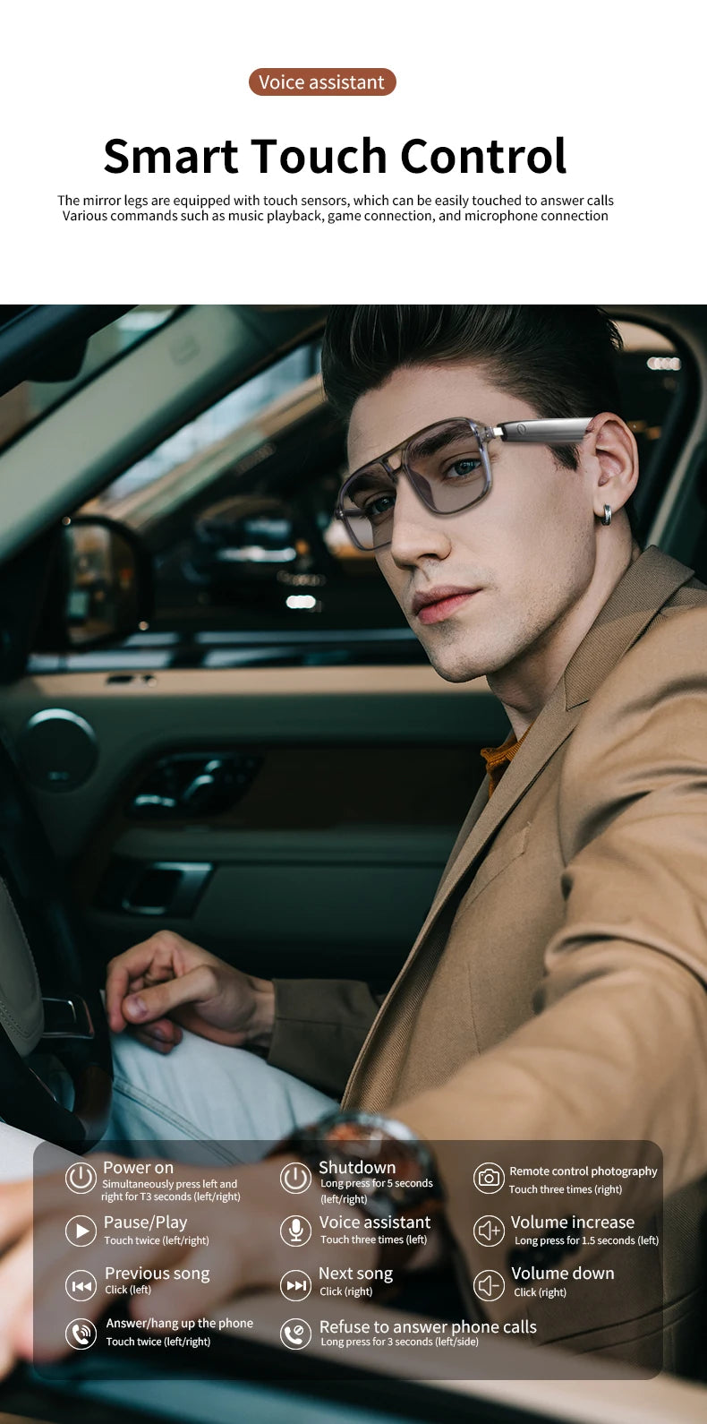 2025 NEW Smart Glasses Ai Voice Assistant Touch Music Control Anti-UV Color-Change Lenses Bluetooth Call Headphone for Men Women