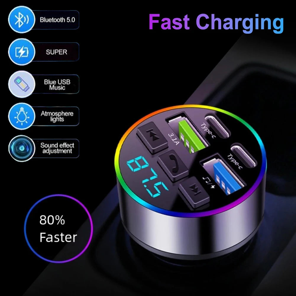 Car Cigarette Lighter Bluetooth 5.0 Car FM Transmitter PD Type-C Dual USB Ambient Player Car MP3 Charger Smartphone Charge