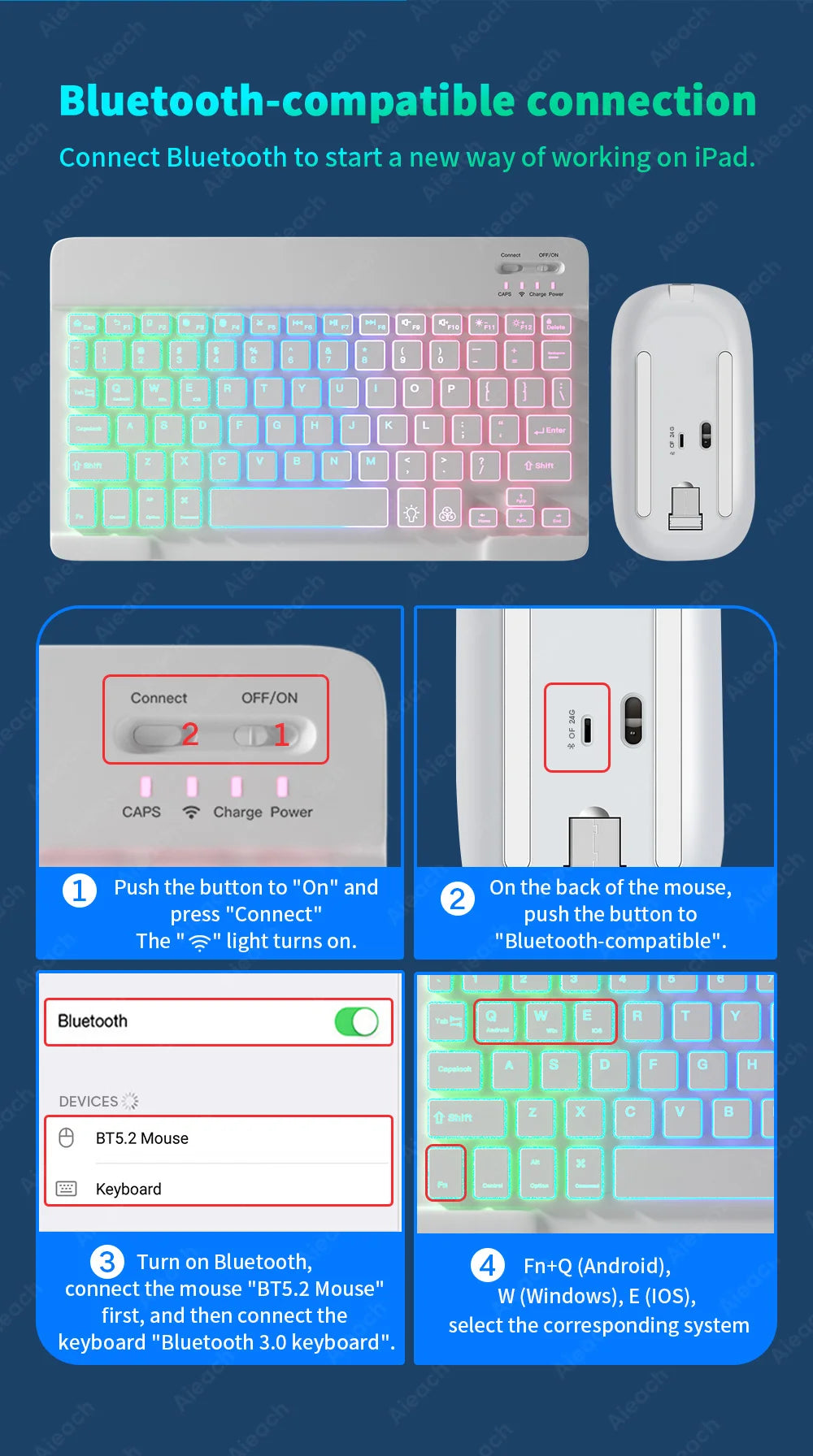 Keyboard For Tablet Android iOS Windows Wireless Mouse Keyboard Bluetooth-compatible Rainbow Backlit Keyboard For iPad Phone