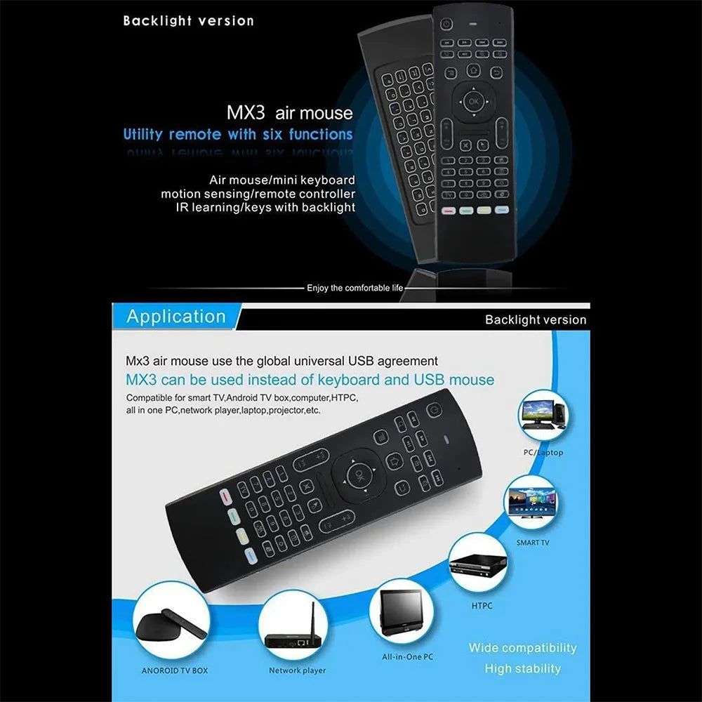 2.4GHz Wireless MX3 Air Mouse Mini Keyboard Voice Backlit Remote Control IR Learning Remote Control for PC Android TV Box