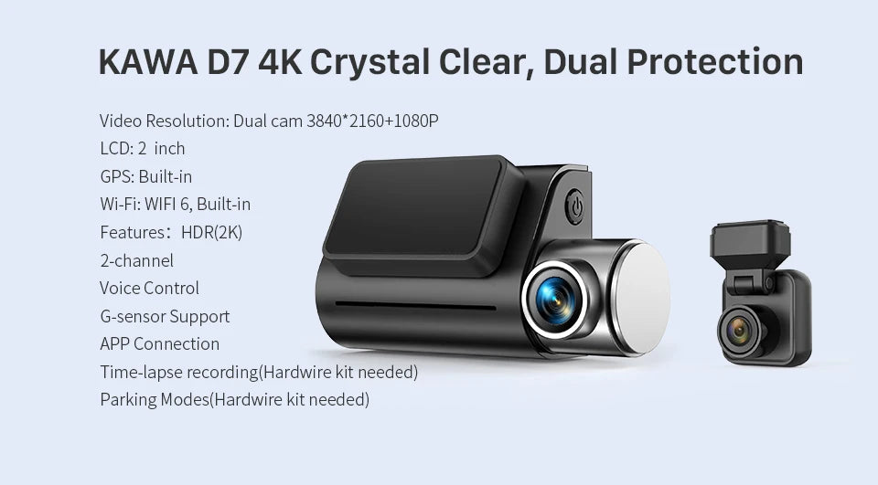Front and Rear Dash cam KAWA D7 4K,Video Recorder 4K WiFi6 Car Camera,DVR Tiny Rear Camera for AUTO,APP/Voice Control Dashcam