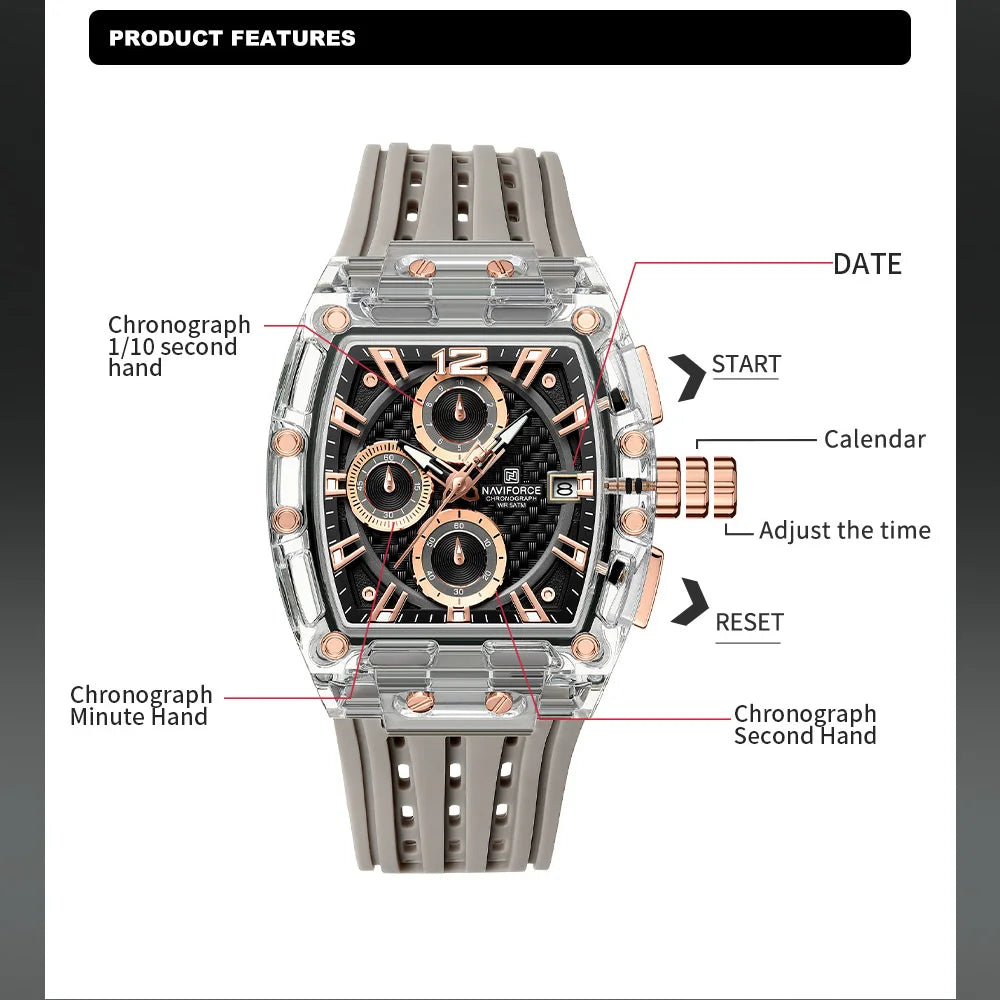 Naviforce NF7105 Tonneau Quartz Chronograph 5ATM Silicone Watch