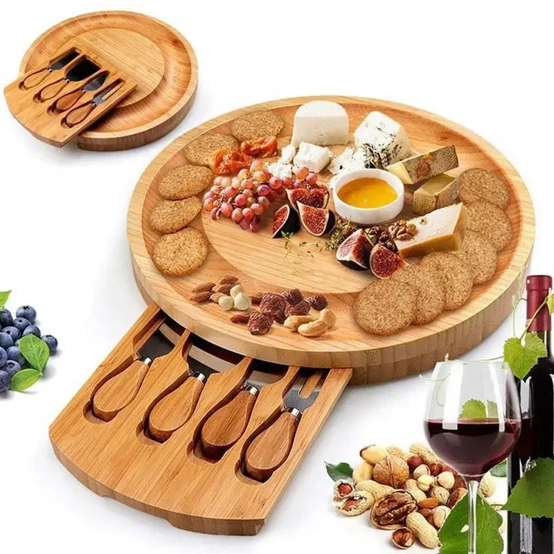 Bamboo Charcuterie Board Set with Integrated Knife Drawer