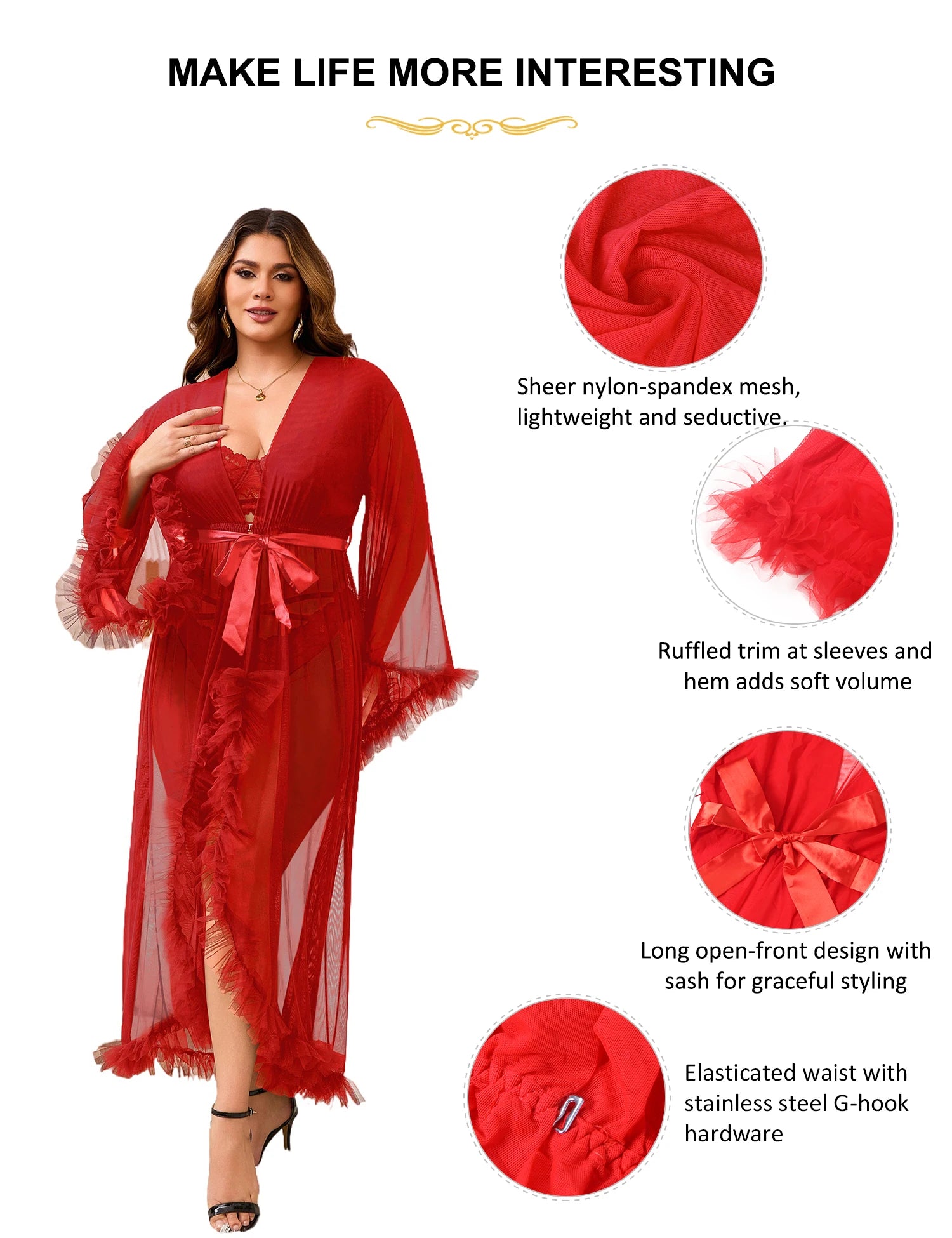 Long Sleeve Lace Kimono Feather Trim Bathrobe