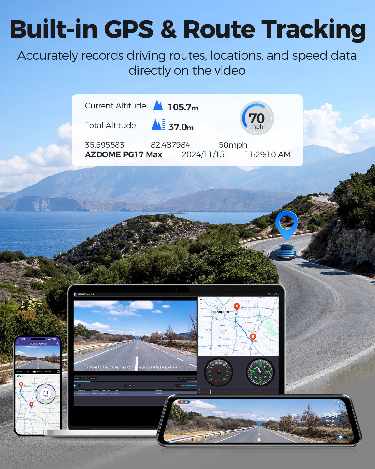 AZDOME PG17 MAX Front and Rear Dash Cam 12 Inch Touch Screen Car DVR 4K+2.5K Rearview Mirror Camera GPS WIFI Voice Control ADAS