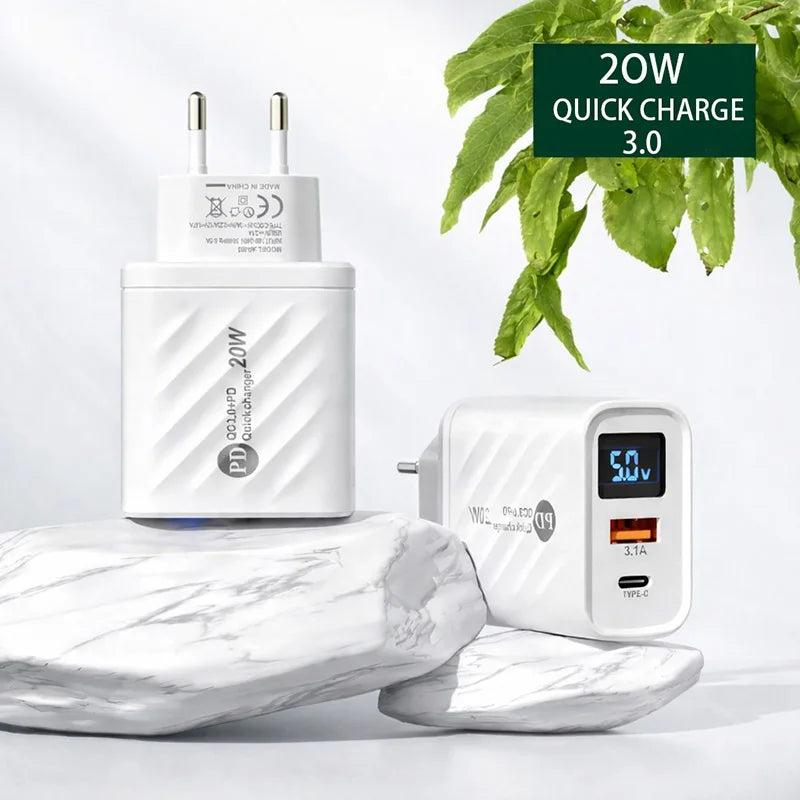 20W USB C Fast Charger with LCD Display, 2-Port Multi Charger for iPhone 14 Pro Max, Samsung, Xiaomi, Huawei, Quick Charge 3.0