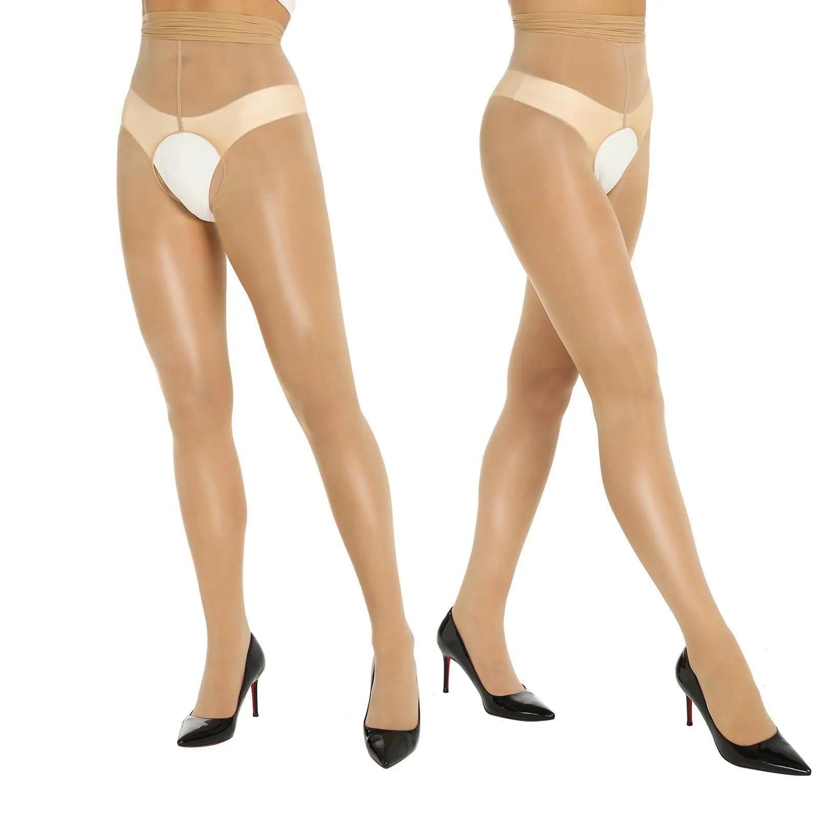 2 Pairs Glossy Oil Shimmer High-Waist Open Crotch Pantyhose