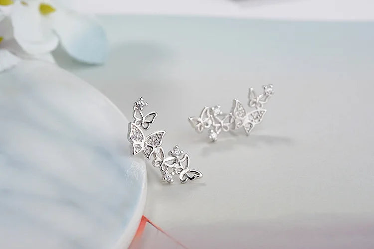 Luxury 925 Sterling Silver Butterfly Zircon Stud Earrings