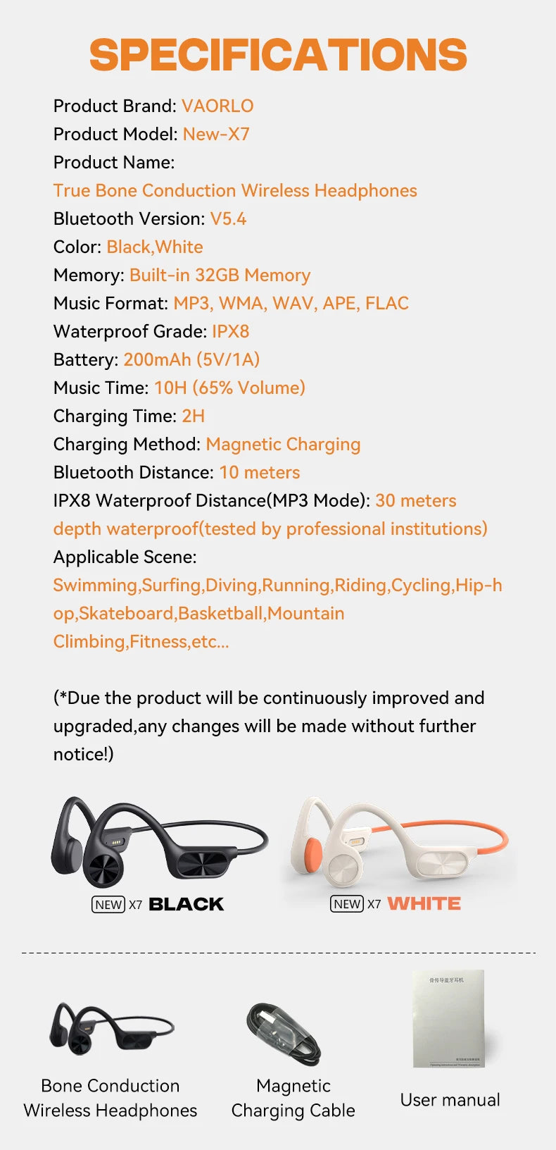 New X7 True Bone Conduction Headset Bluetooth 5.4 IPX8 Depth Waterproof Built-in Mic MP3 32GB Memory Player For Swimming Diving