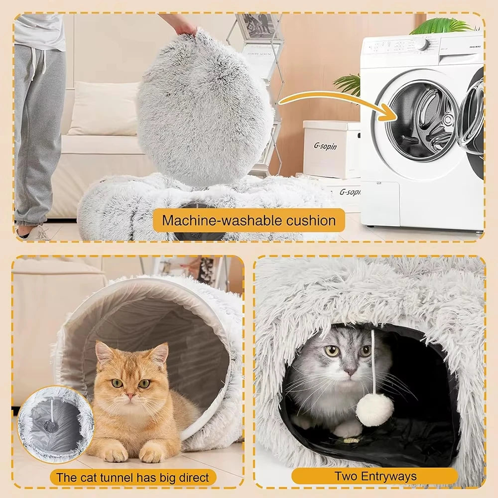 Two-in-One Plush Foldable Cat Tunnel Bed and Warm Nest