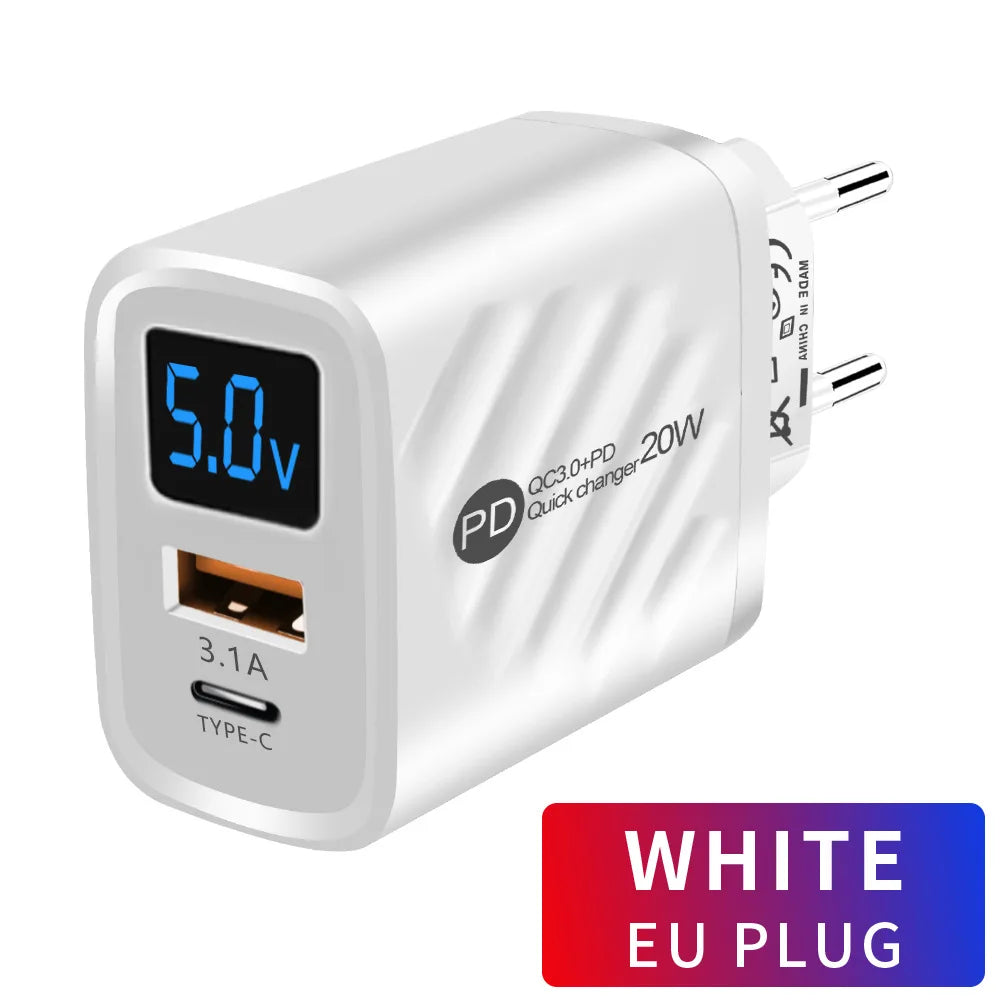 20W USB C Fast Charger with LCD Display, 2-Port Multi Charger for iPhone 14 Pro Max, Samsung, Xiaomi, Huawei, Quick Charge 3.0