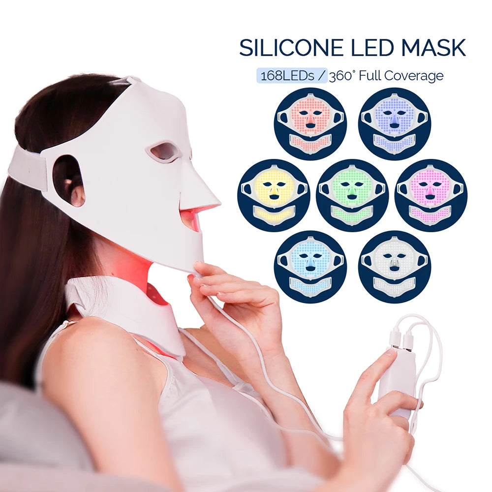 Professional 7-Color LED Facial & Neck Mask – 168 LED Therapy | Medical-Grade Silicone