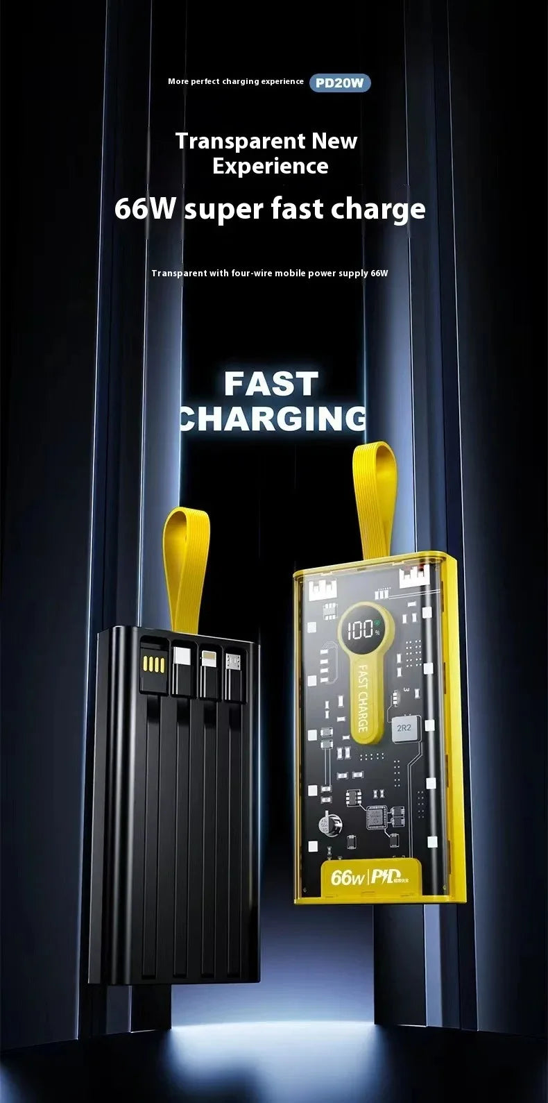 20000mAh Bidirectional Super Fast Charging Power Bank 66W Transparent High capacity Digital Display For Iphone Xiaomi Samsung
