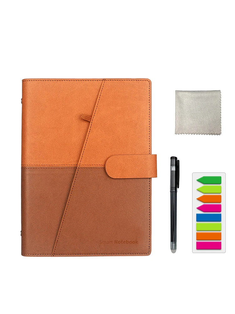 Reusable Smart Notebook A5 PU Leather with Storage Function 6 Page Styles Endlessly Reusable Note Pad Pen Self-Stick Notes Wipe