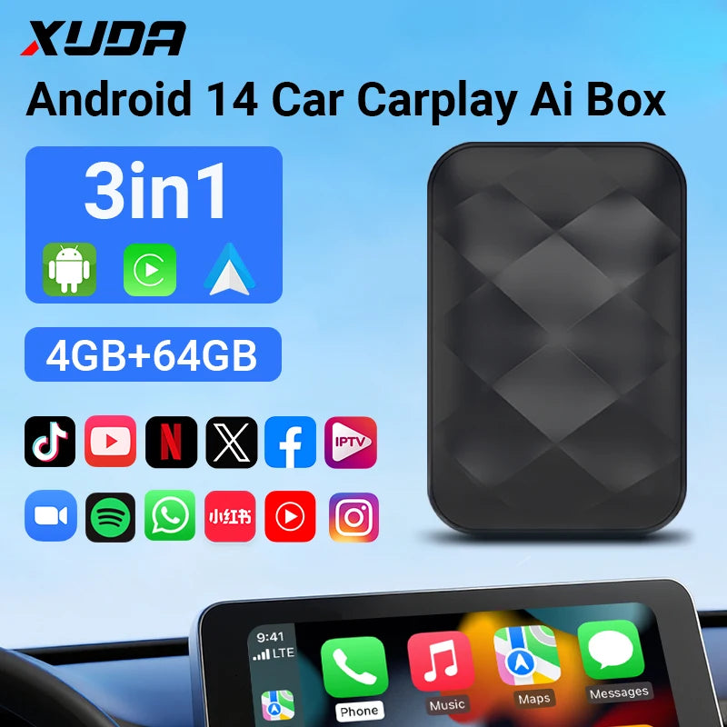 XUDA Android14 Wireless CarPlay/Android Auto 3in1 NEW CarPlay Ai Box  4Cores 4GB RAM+64GB ROM Plug and Play Stable Transmission