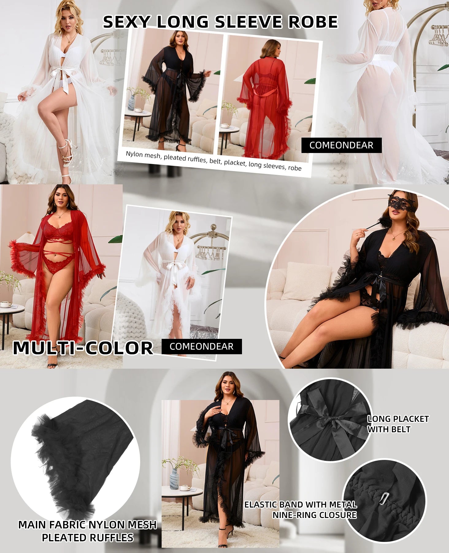 Long Sleeve Lace Kimono Feather Trim Bathrobe