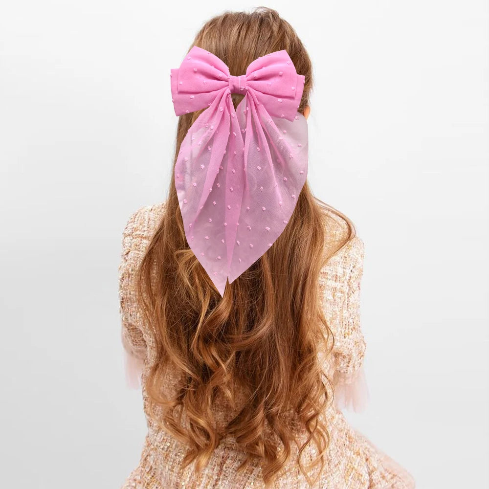 Elegant Long Satin Bow Hair Clip Large Chiffon Barrette