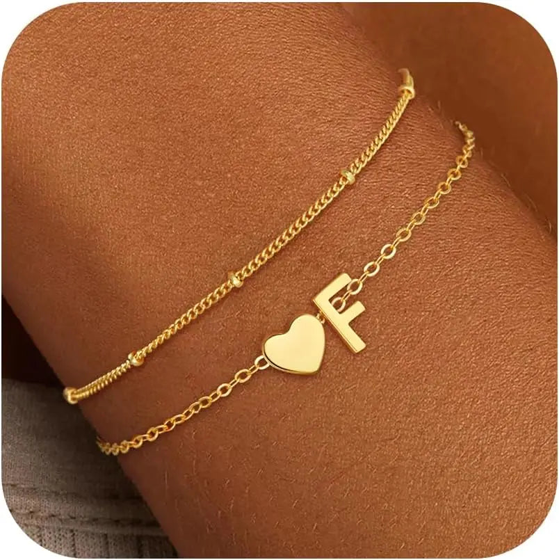 18k Gold-Style Plated Stainless Steel Heart Initial Charm Bracelet