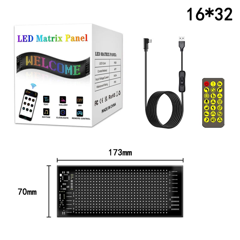 LED Matrix Pixel Panel USB 5V RGB Car Sign Bluetooth App Control Flexible Addressable Pattern Graffiti Scrolling Text Animation