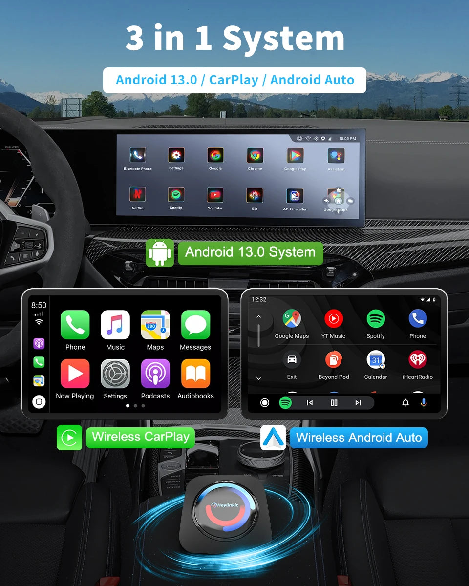iHeylinkit BW550M Smart Ai Box Android13.0 QCM6125 Wireless CarPlay Adapter Android Auto Support Google Play Video Game Software
