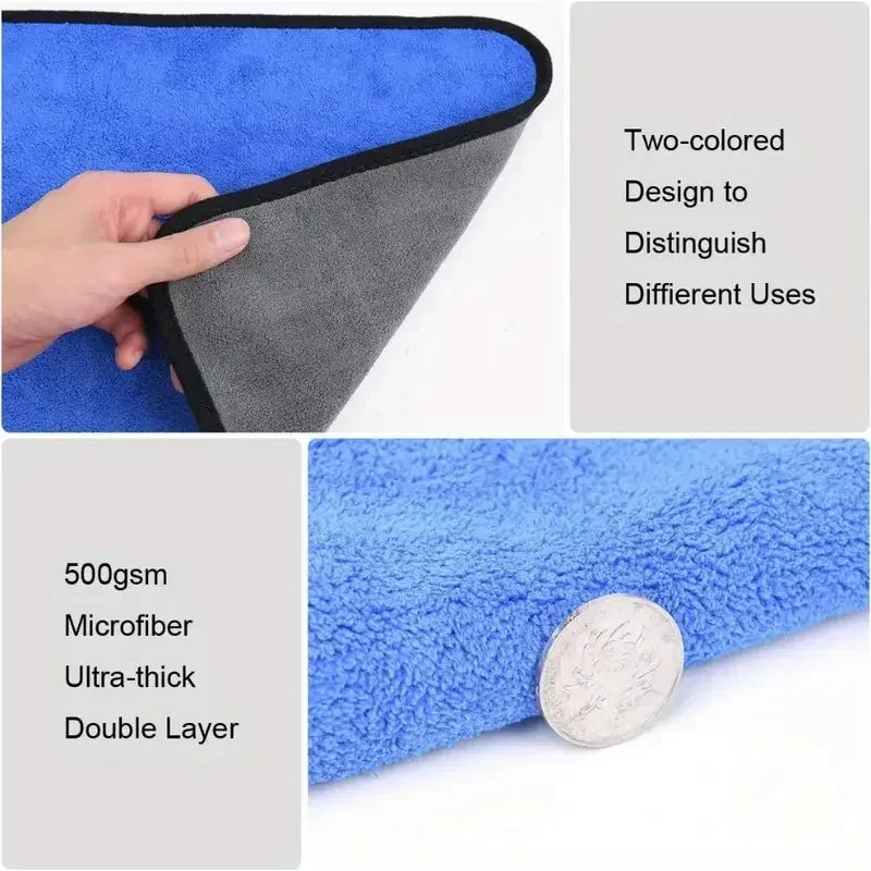 1-4pcs Microfiber Car Washing Towel Soft Quick Drying Windows Mirrors Wiping Rags Home Double Layer Cleaning Cloths 500GSM