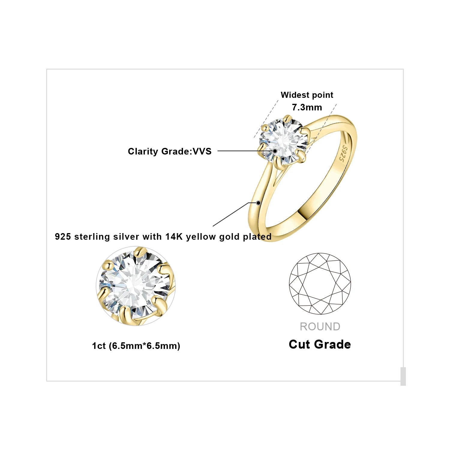 925 Sterling Silver D Color 6-Claw Moissanite Solitaire Ring