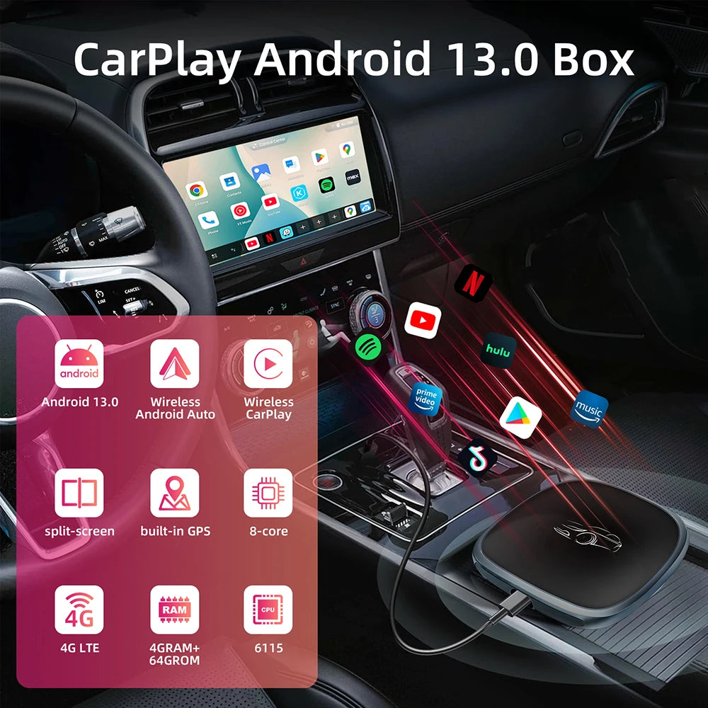 Smart CarPlay AI Box 2026 - Android 13 | Qualcomm Octa-Core | 4G+64GB Wireless Multimedia Adapter