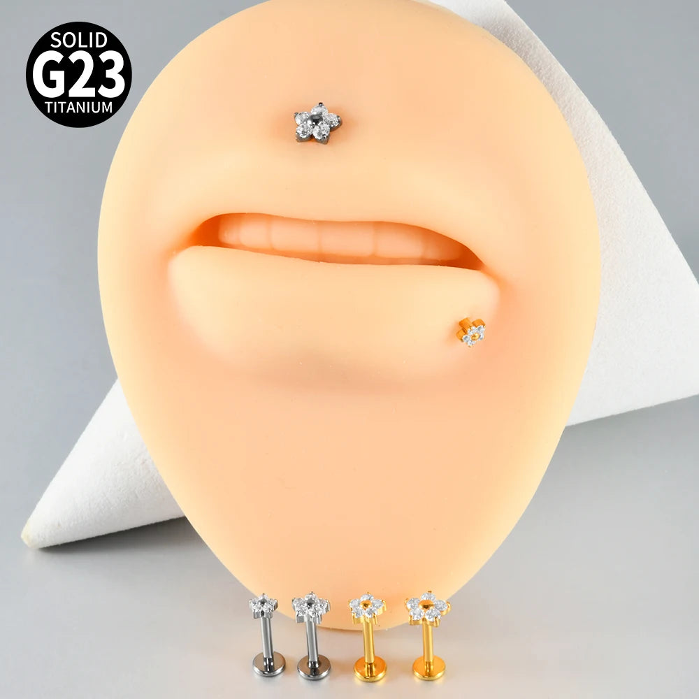 F-136 Implant Titanium Flower Zirconia 16G Labret Helix Piercing