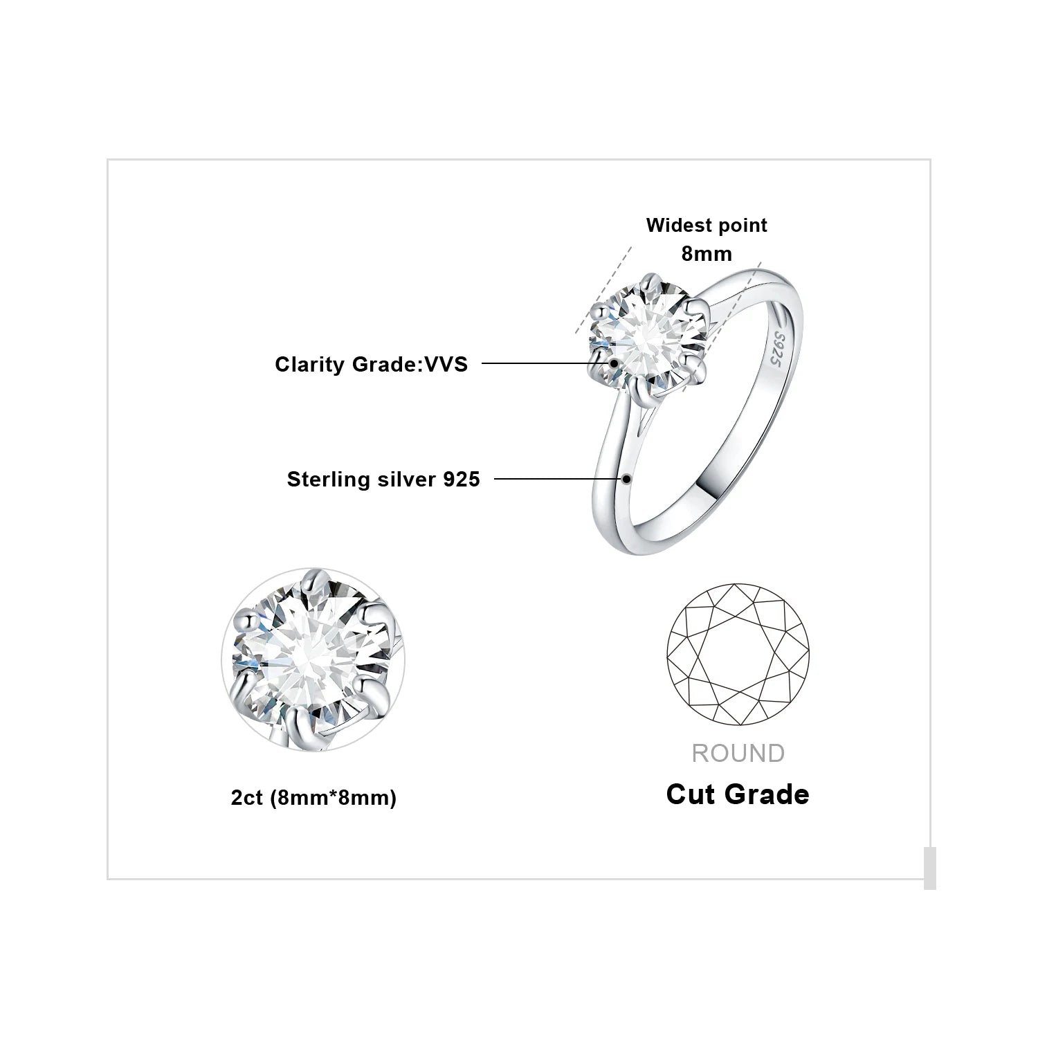 925 Sterling Silver D Color 6-Claw Moissanite Solitaire Ring