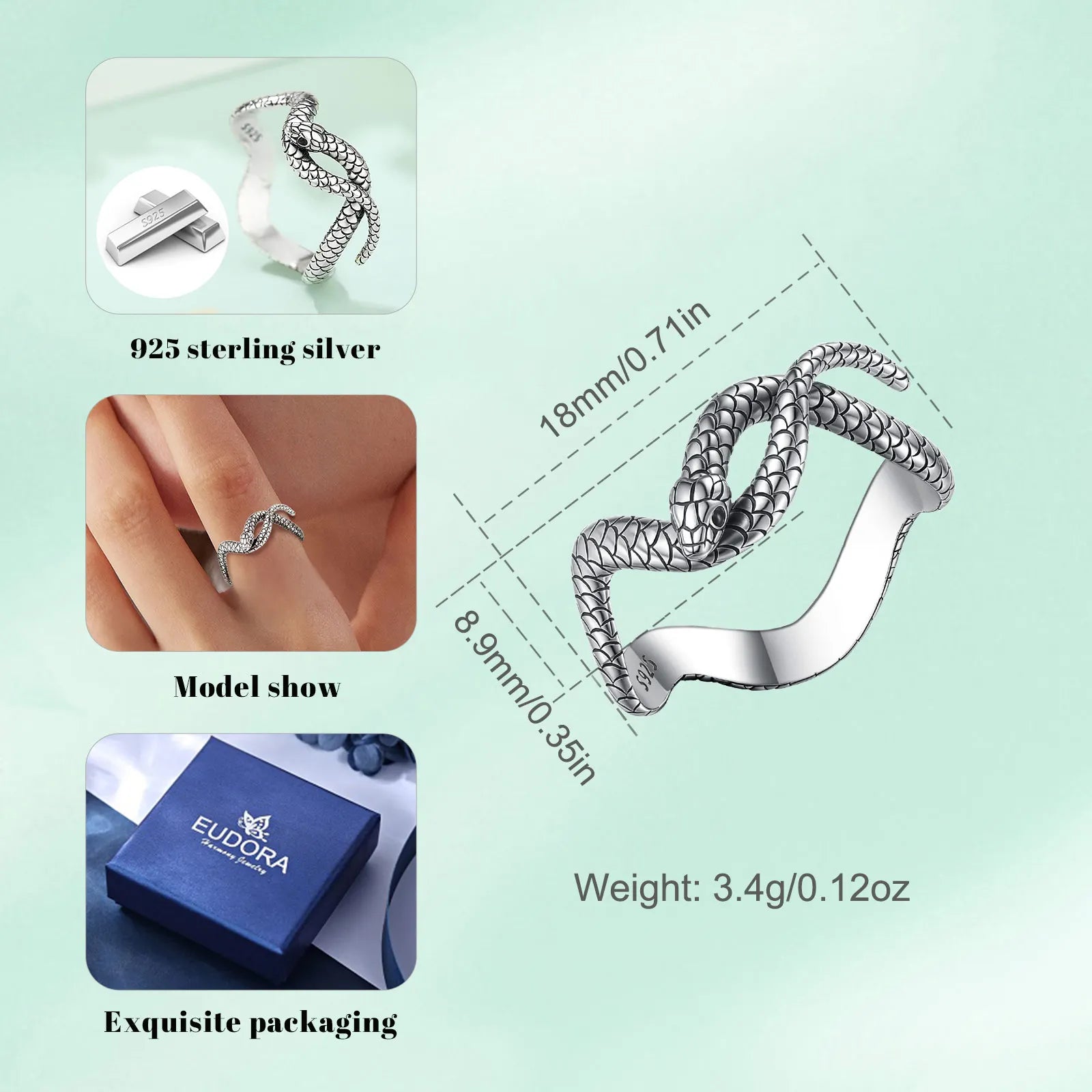 925 Sterling Silver Textured Snake Ring with Black Zircon