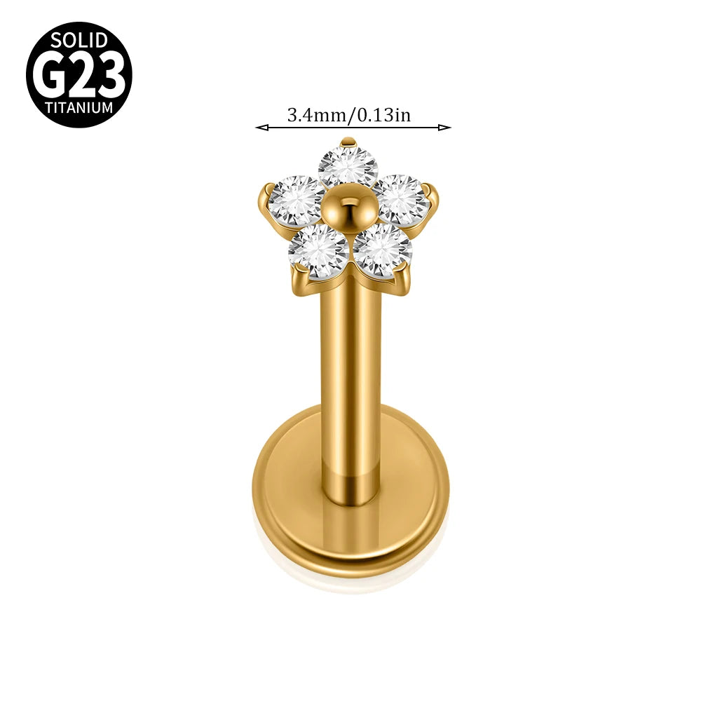 F-136 Implant Titanium Flower Zirconia 16G Labret Helix Piercing