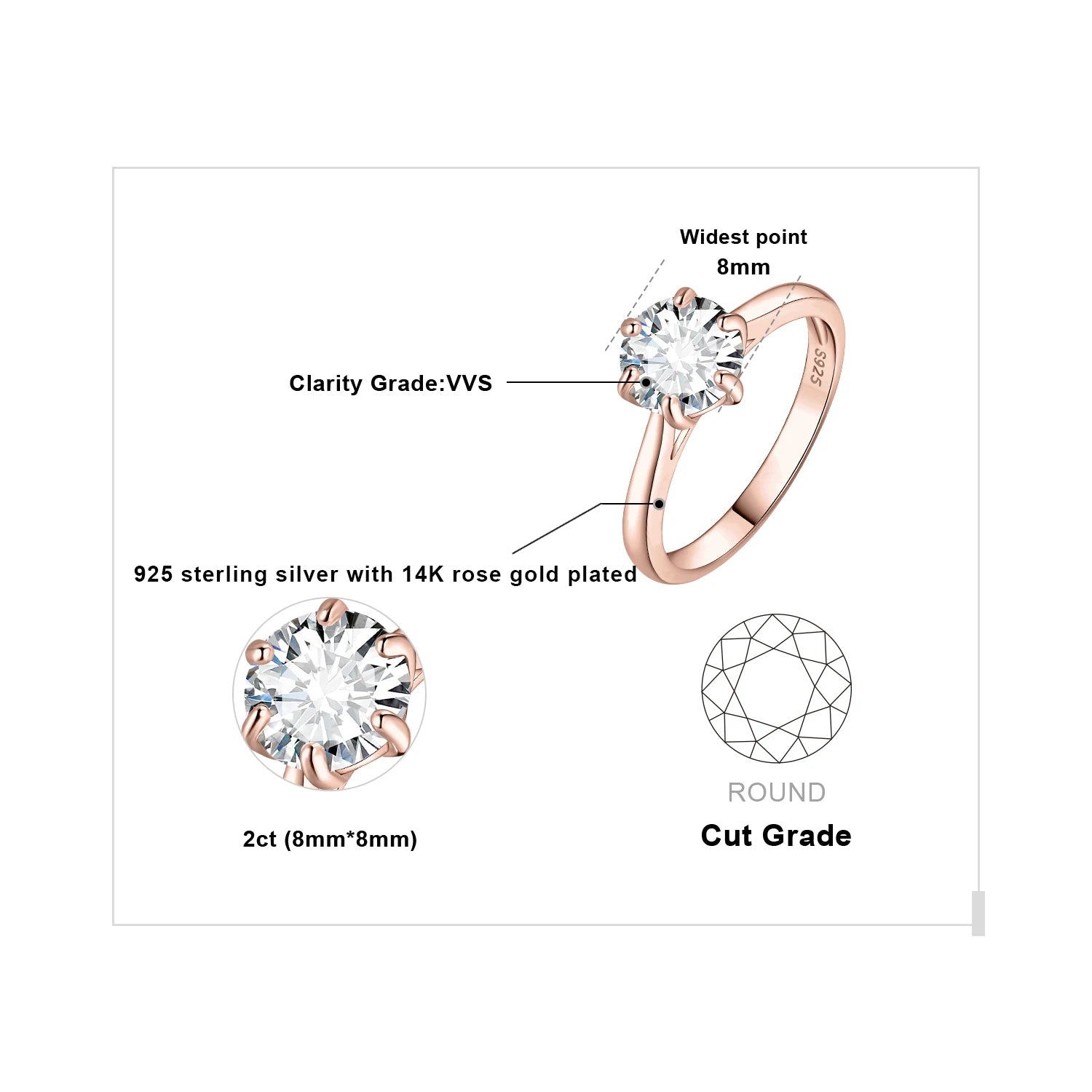 925 Sterling Silver D Color 6-Claw Moissanite Solitaire Ring