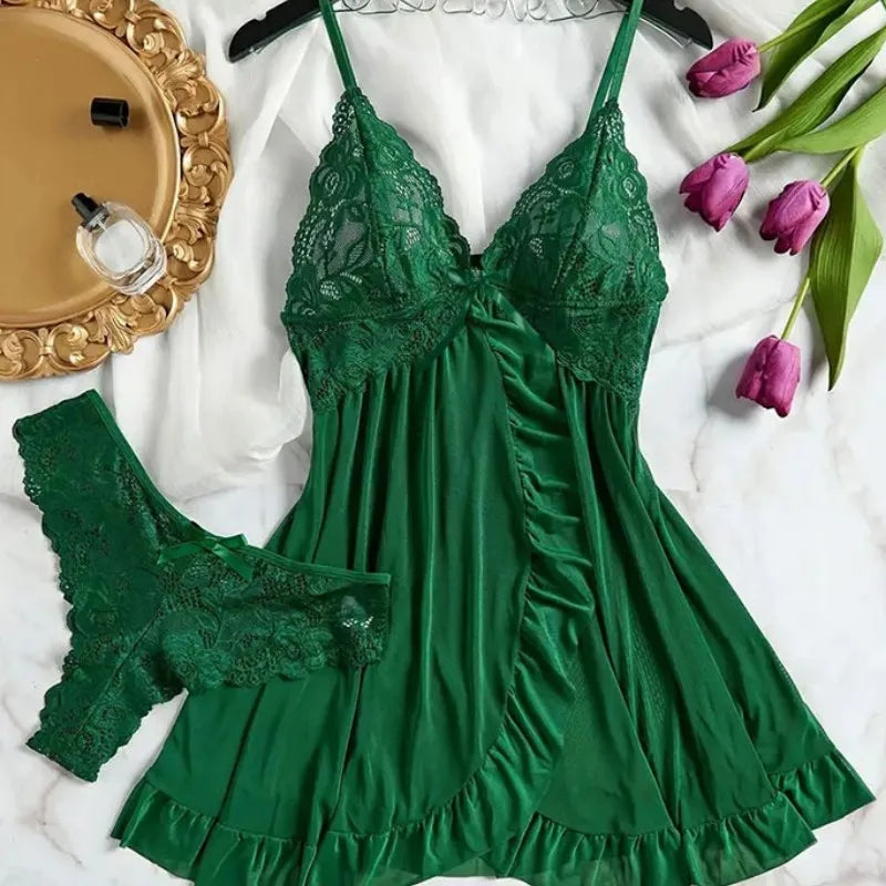 Red Lace V-Neck Nightdress Lingerie Set with Matching Panties