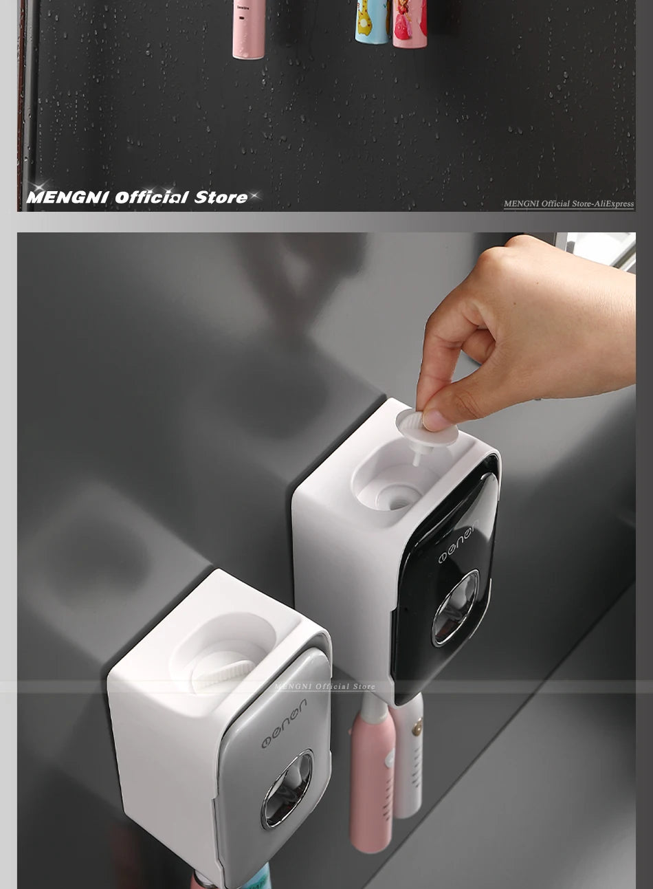 MENGNI Automatic Toothpaste Dispenser Wall-Mounted Bathroom Toothpaste Squeezer Punch-Free Toothbrush Holder Rack Bathroom Acces