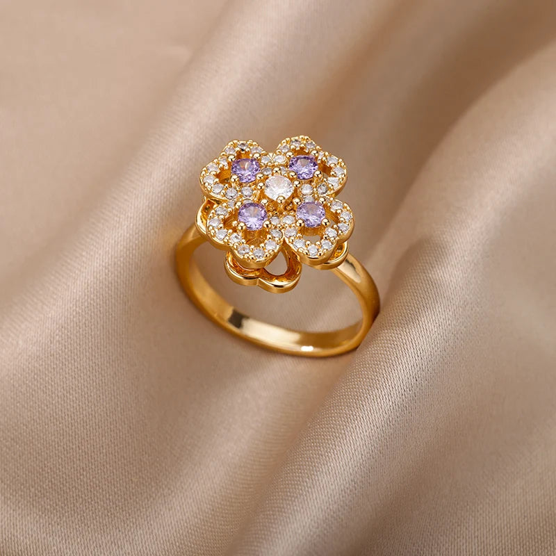 18K Gold Zircon Heart Clover Spinner Anxiety Ring