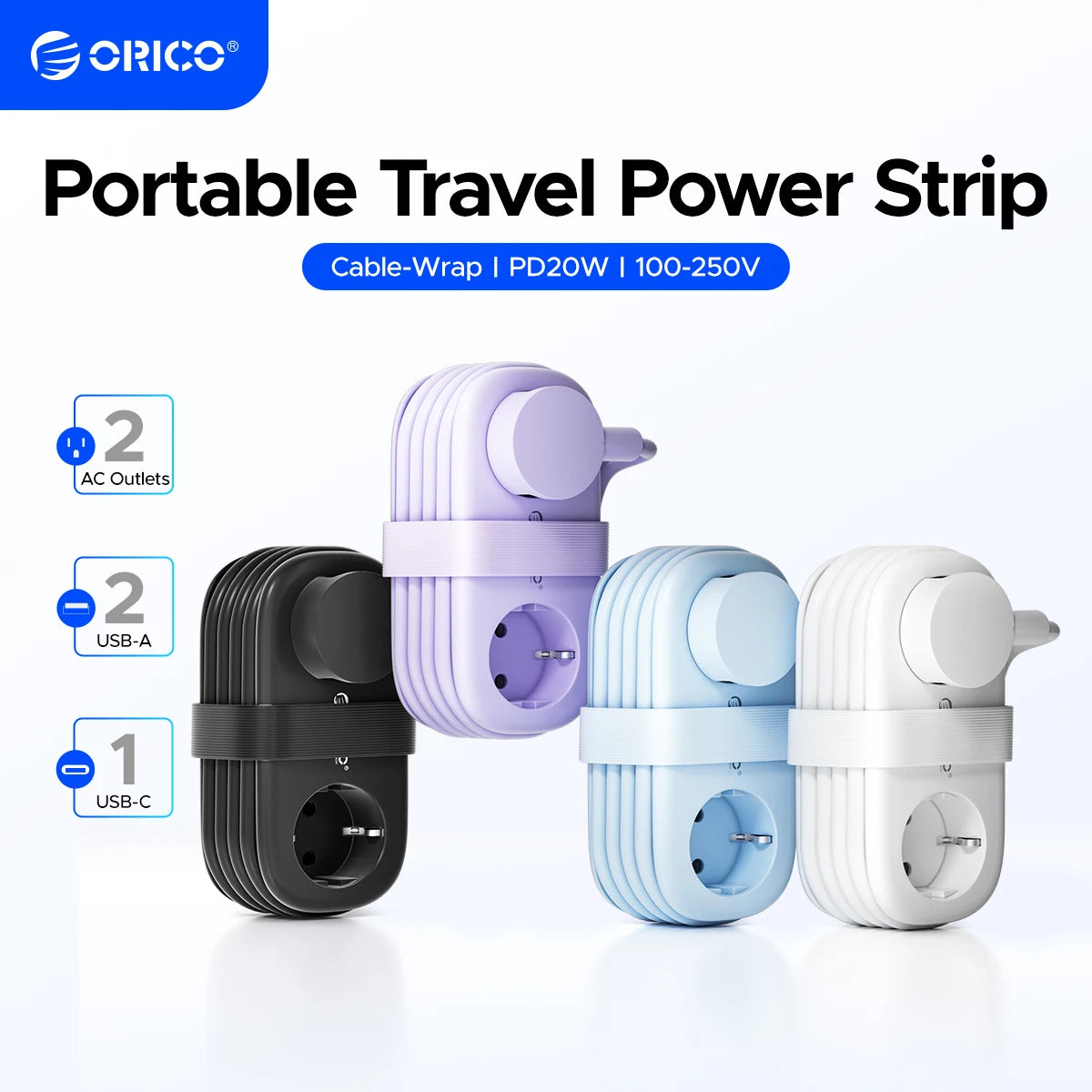 Orico Compact 2-Outlet Travel Power Strip with 20W USB-C PD