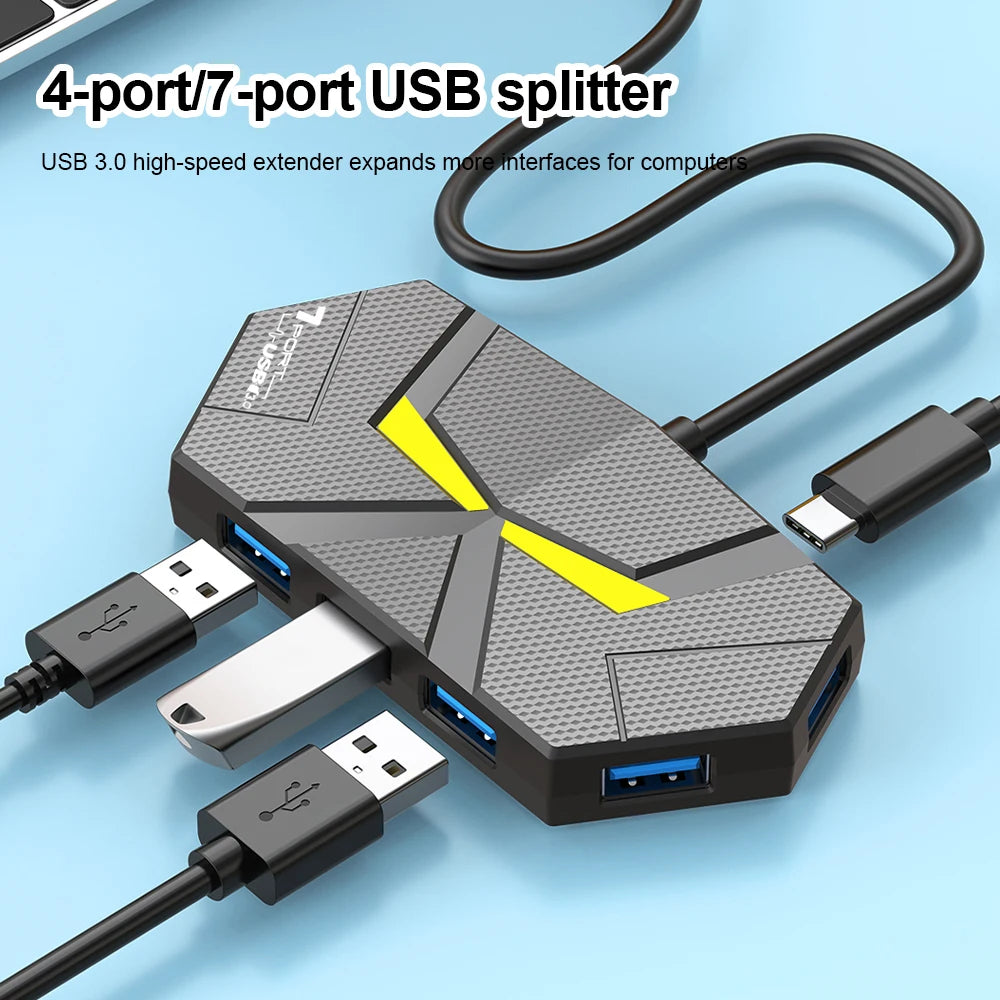 7 Ports USB 3.0 HUB USB Docking Station USB Splitter Adapter 5Gbps High Speed Transmission PD Power Supply For Laptop Computer
