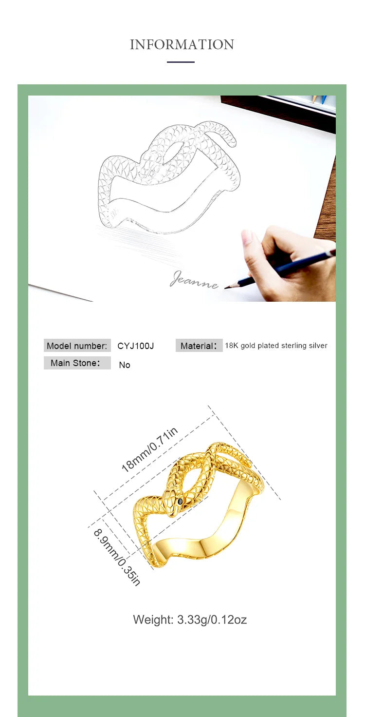 925 Sterling Silver Textured Snake Ring with Black Zircon