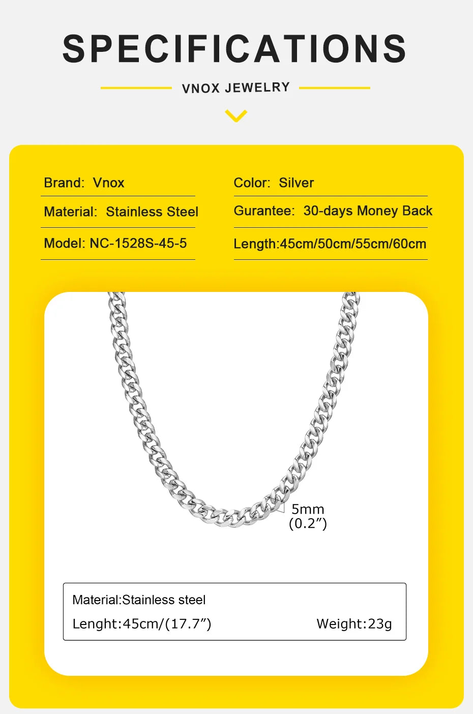 Silver-Style Waterproof Stainless Steel Cuban Link Chain Necklace