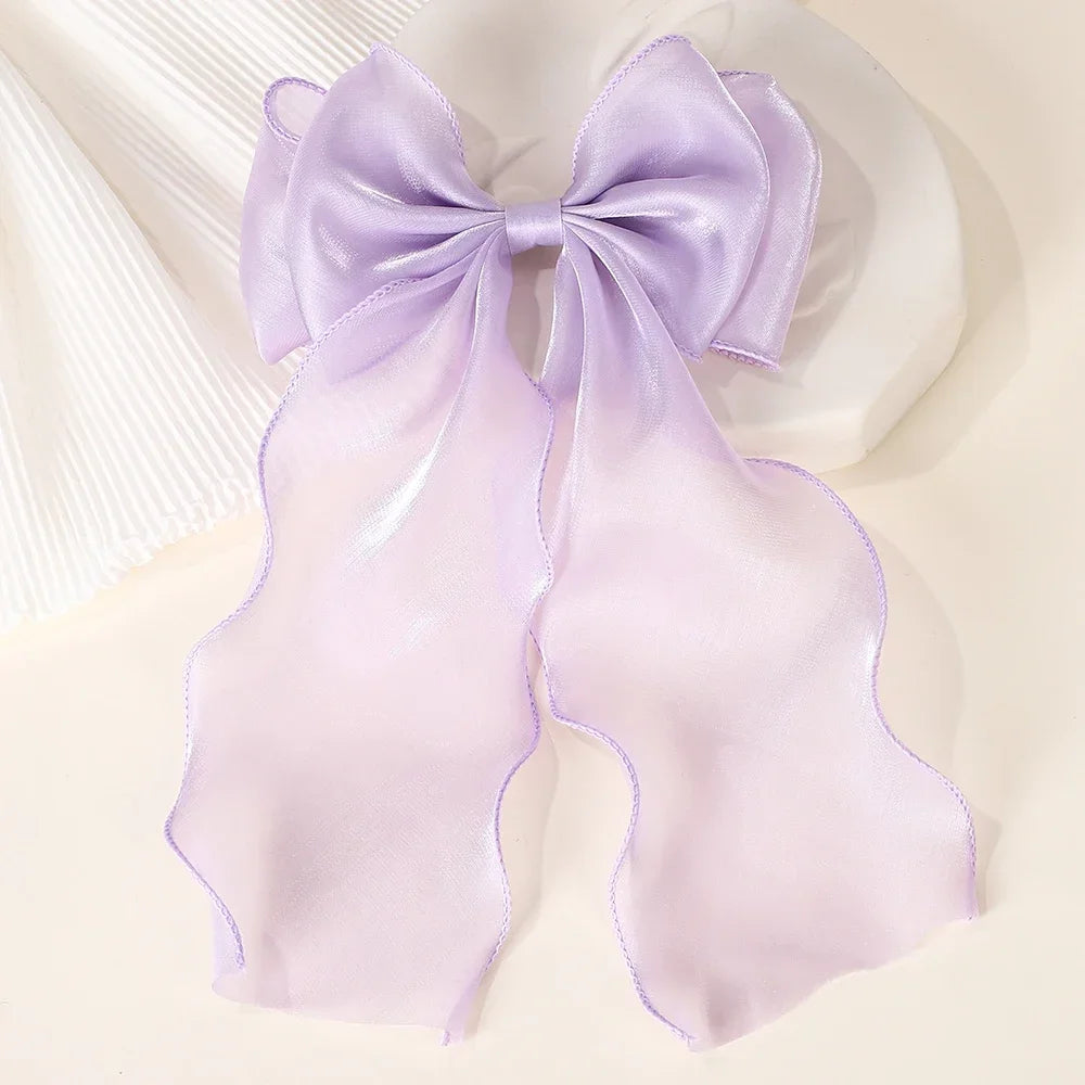 Elegant Long Satin Bow Hair Clip Large Chiffon Barrette
