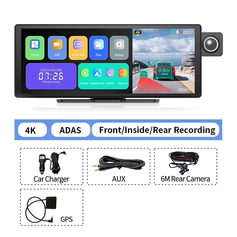 Câmara de Tablier 4K Imagebon H50 de 11.3" ADAS CarPlay Sem Fios e Android Auto Gravação de 3 Canais Time Lapse Monitor de Estacionamento 24h Caixa Negra