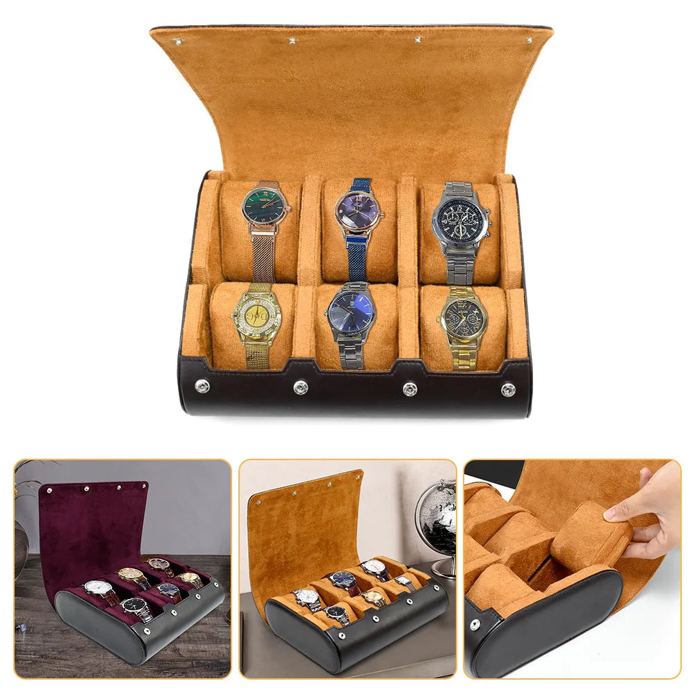 Premium 6-Slot Leather Watch Travel Case Roll Organiser