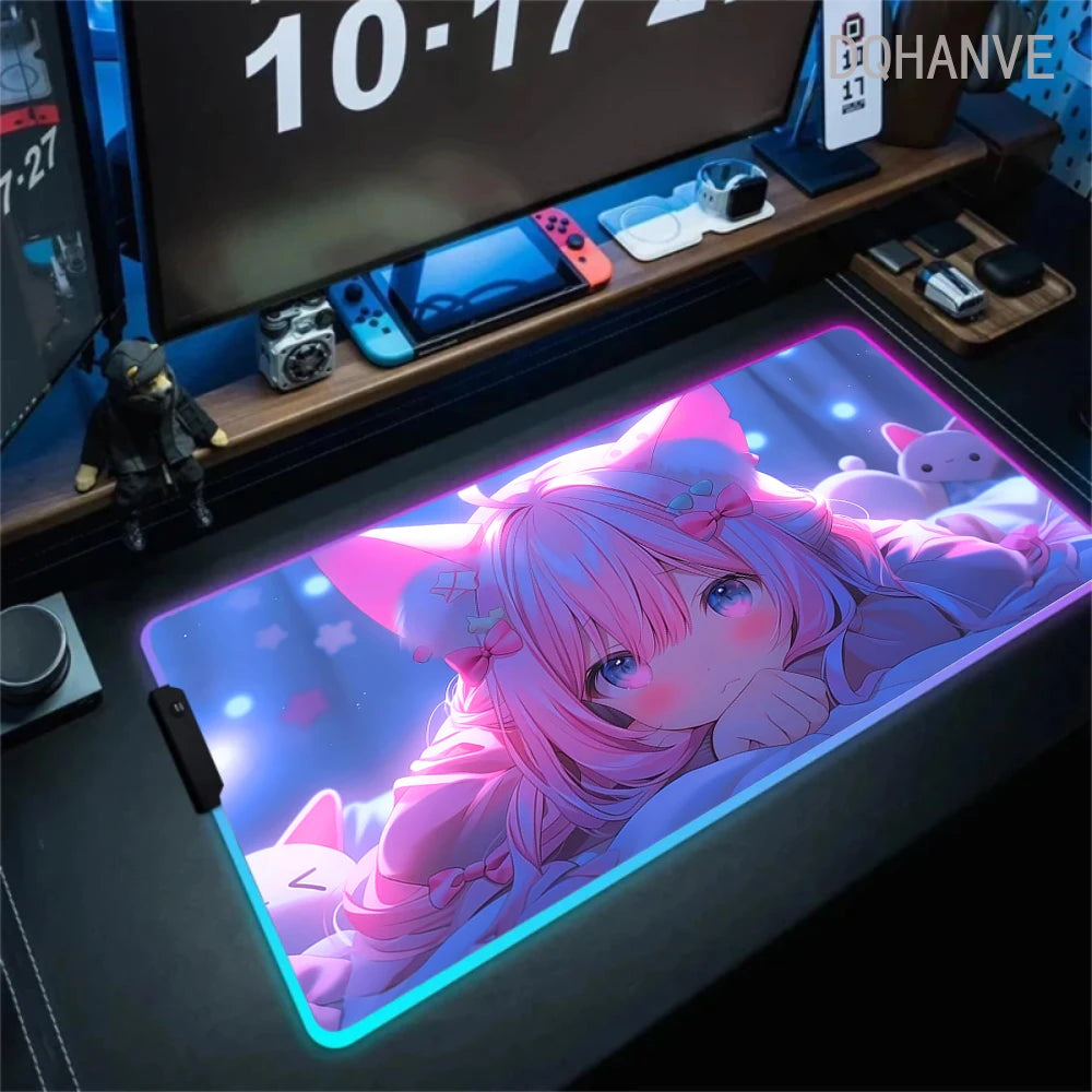 Pink Girls RGB Anime Rubber Mouse Pads XXL Cute Large LED Lighting PC Computer Mousepad Colorful Glowing Deskmat Backlight Mat