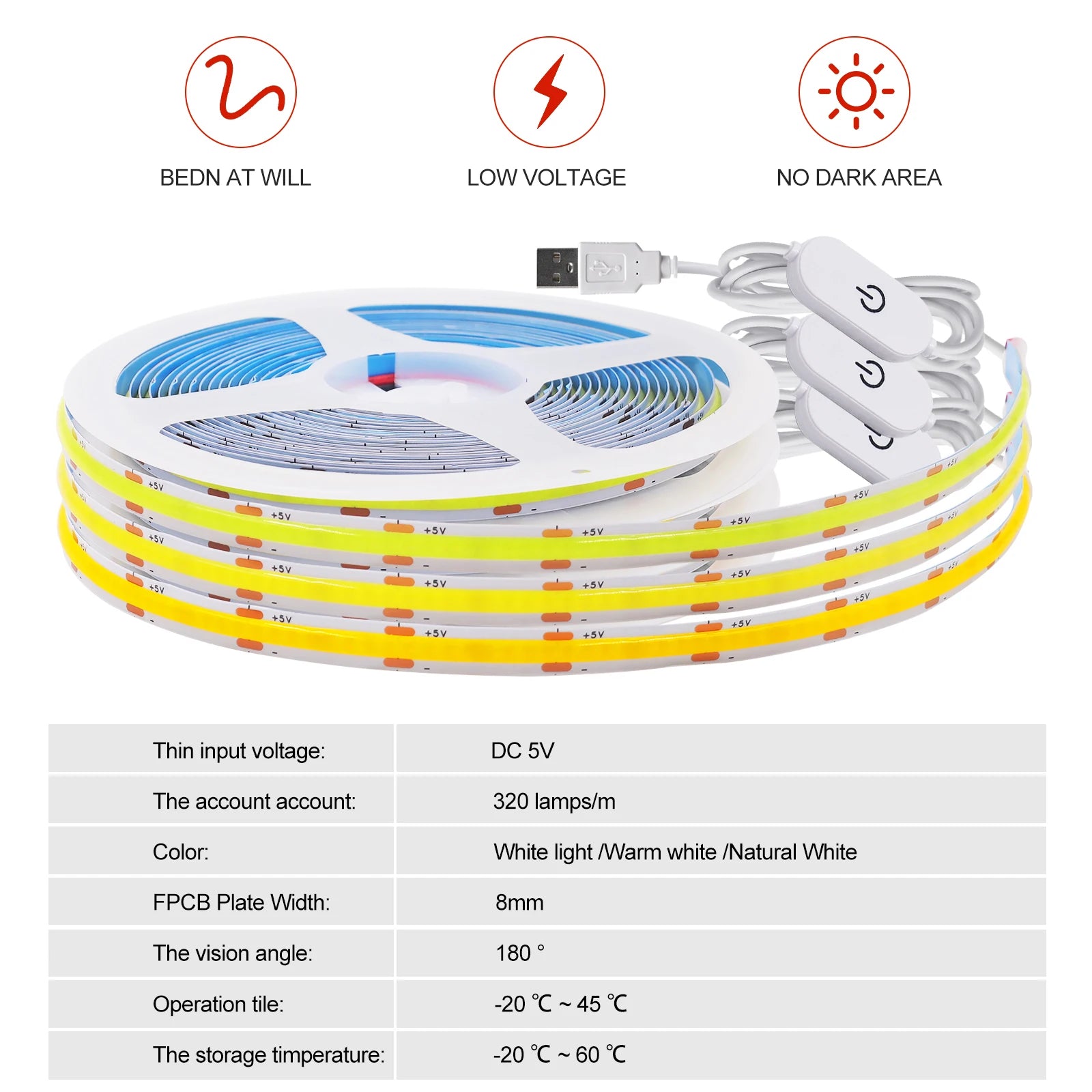 New 5V LED COB Light Strip Dimmable With Touch Sensor/ON OFF Switch USB Flexible LED Tape Christmas TV Backlight Adhesive Tape