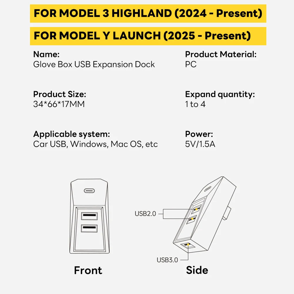 Tesla Model Y Juniper & Model 3 Highland Glovebox USB Hub